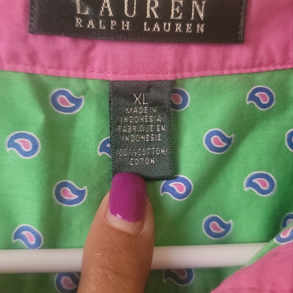 Ralph Lauren Green White Pink Long Sleeve Cotton Shirt Top Blouse Size XL - Picture 6 of 7